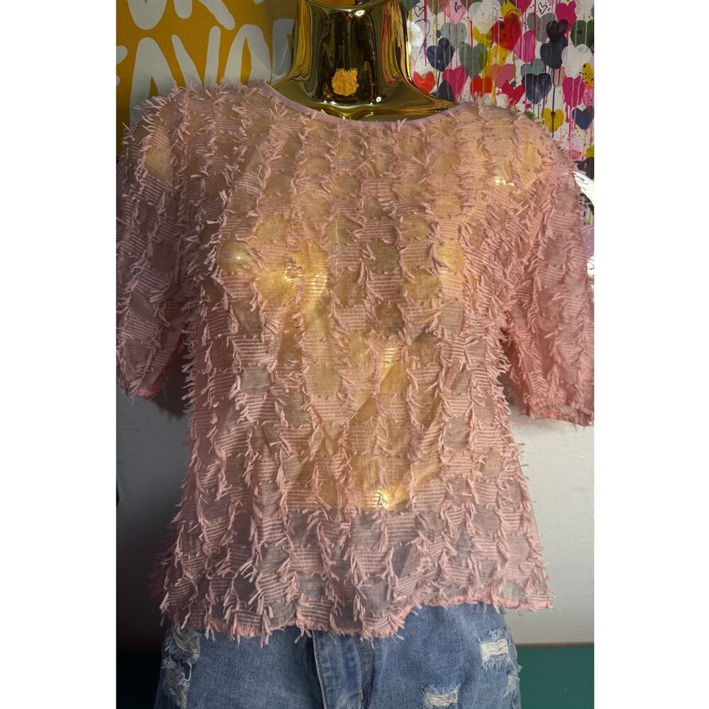 ZARA‎ Pink Sheer Fringe Textured Top | Size L | Statement Piece|Semi-Transparent